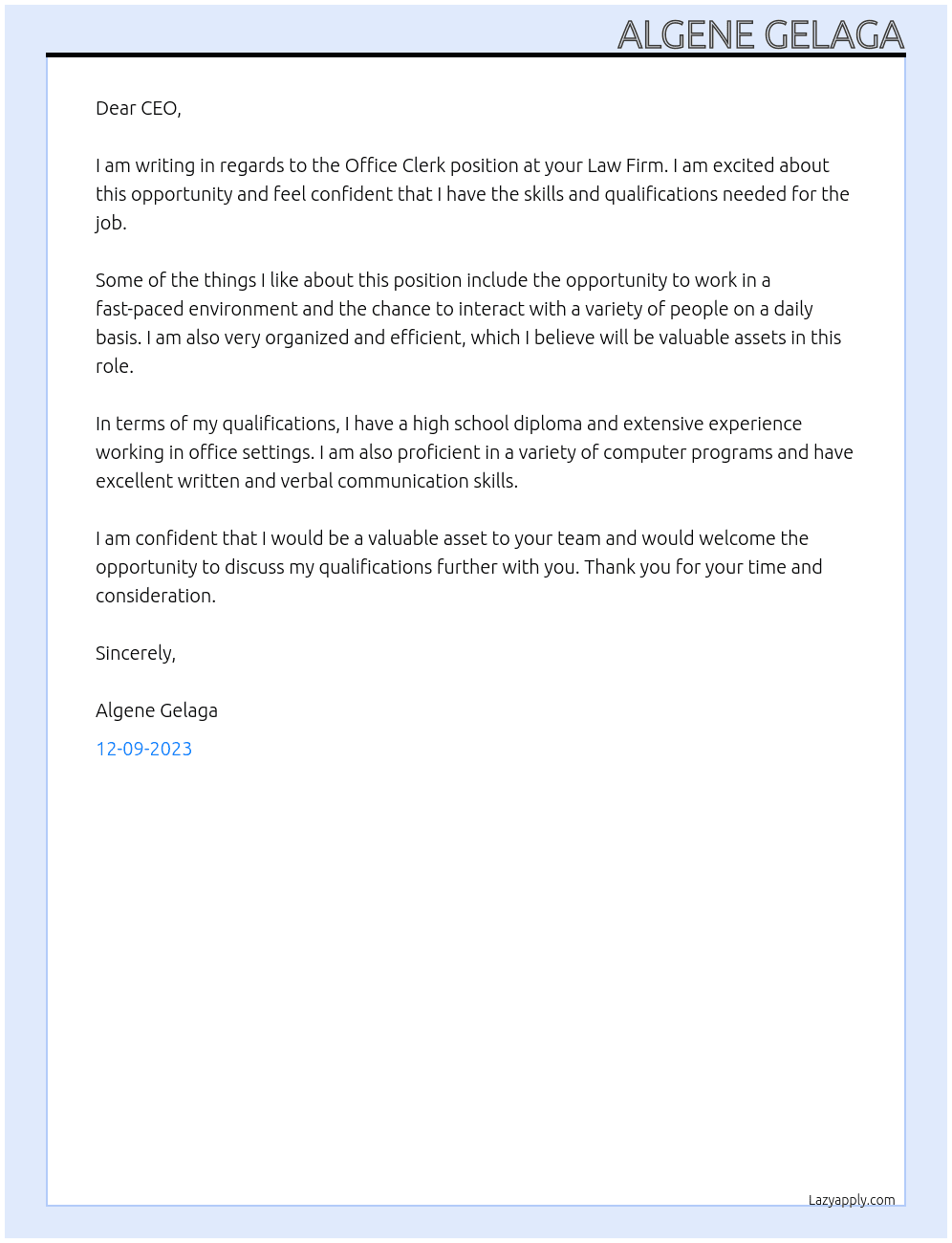 OFFICE CLERK At LAW FIRM Cover Letter