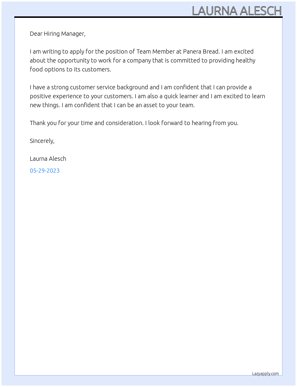 Team Member At Panera Bread Cover Letter