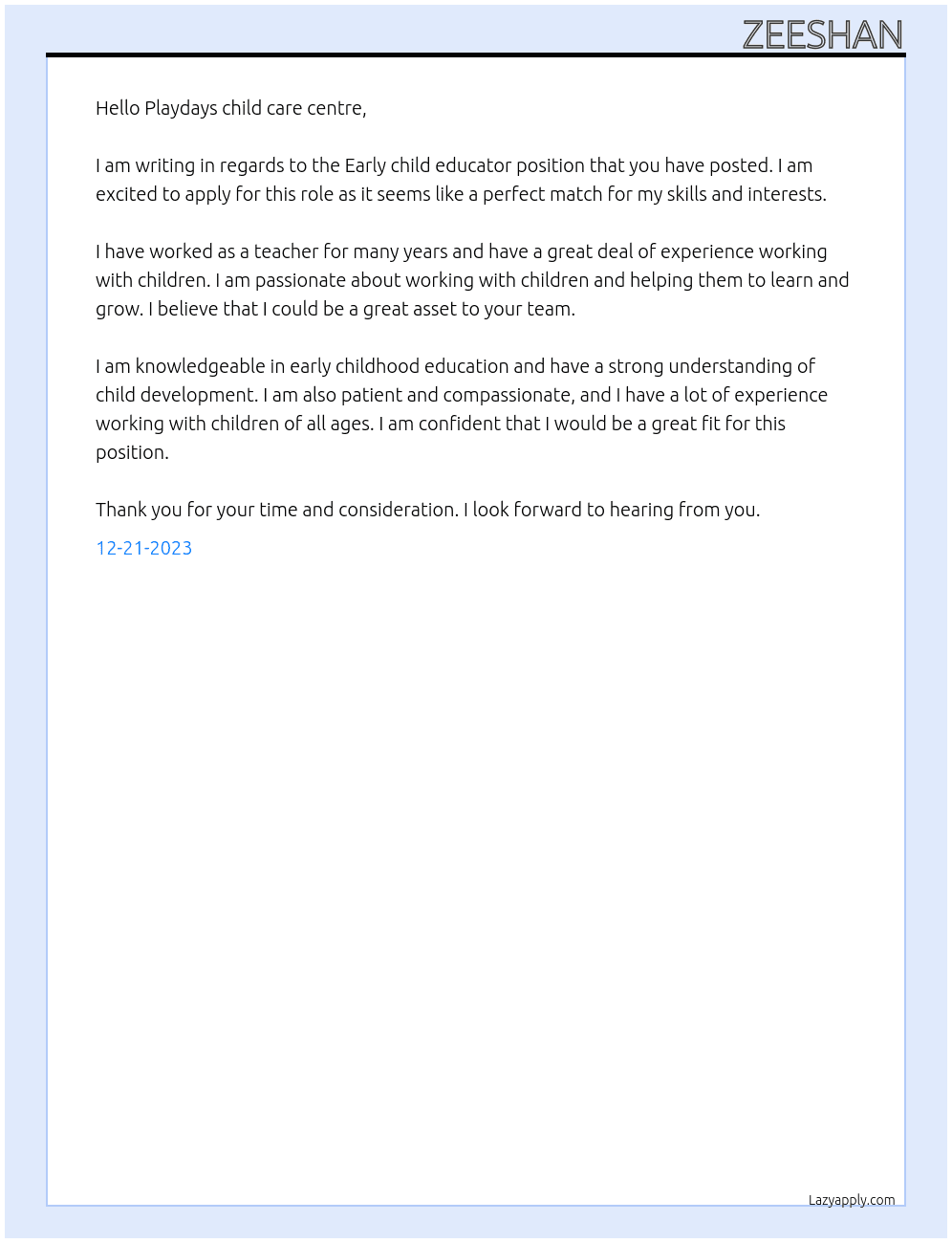 Early child educator  At Playdays child care centre  Cover Letter