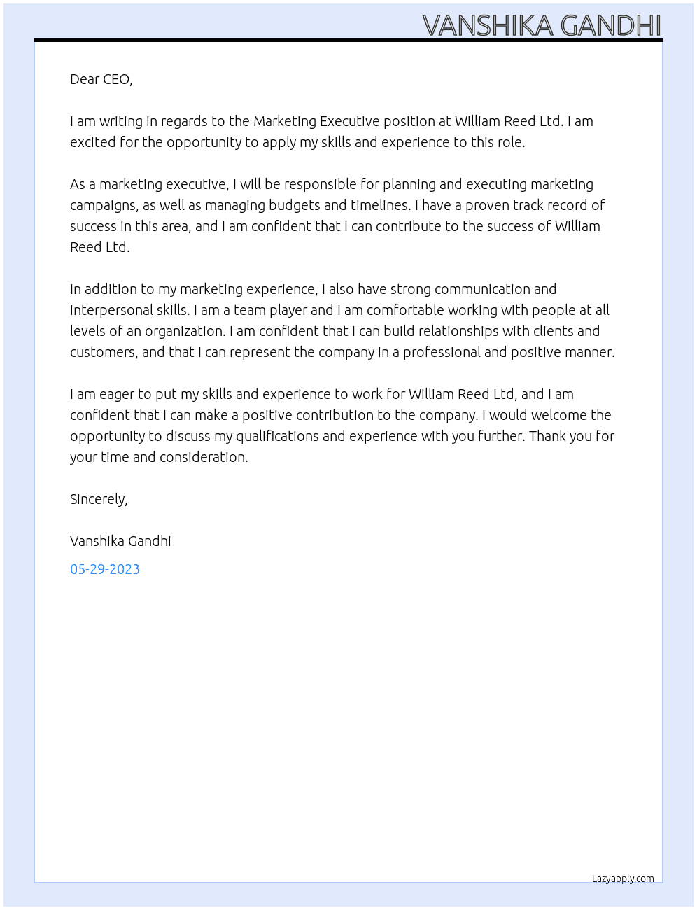 Marketing Executive At William Reed Ltd Cover Letter