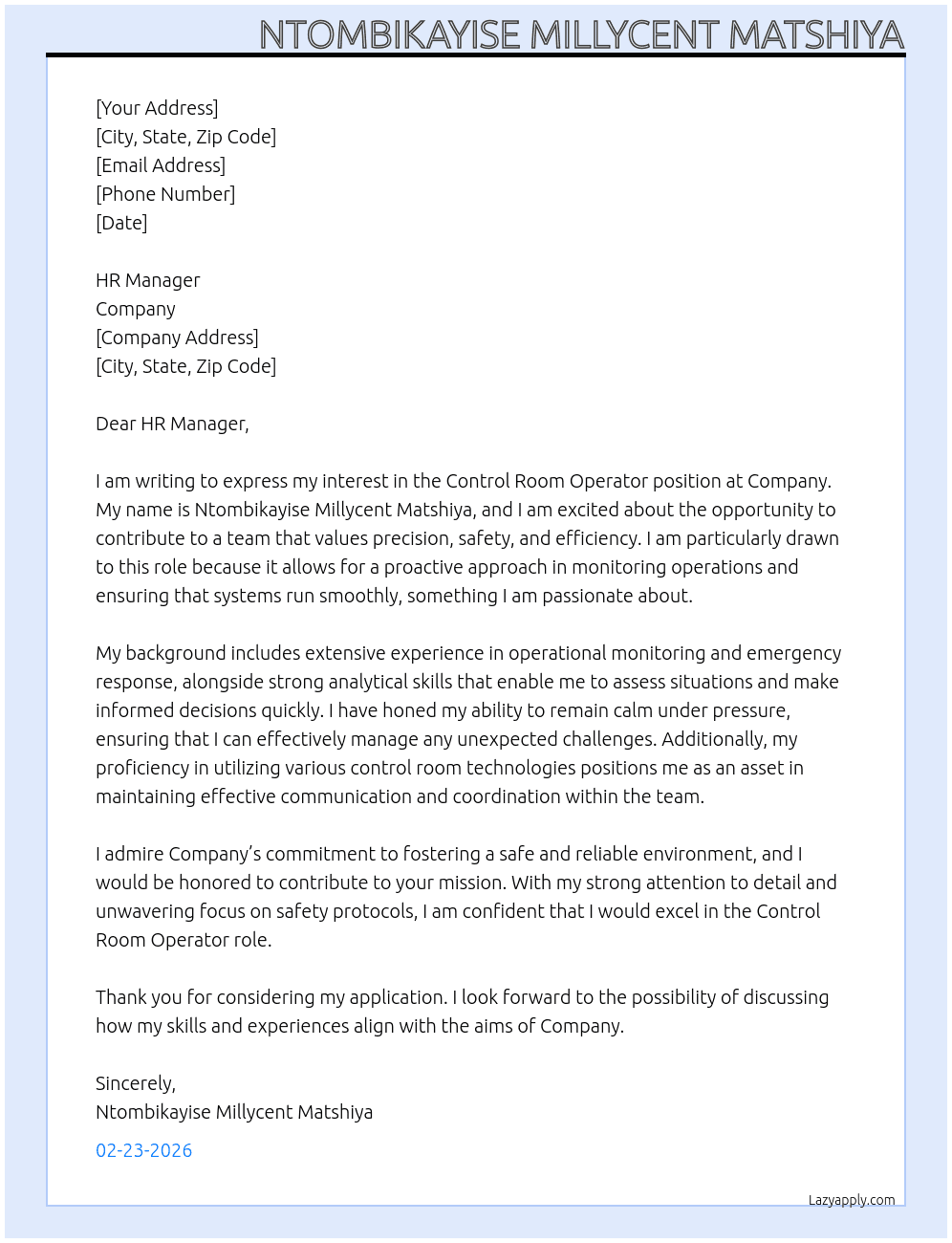 control room oprator At Company Cover Letter