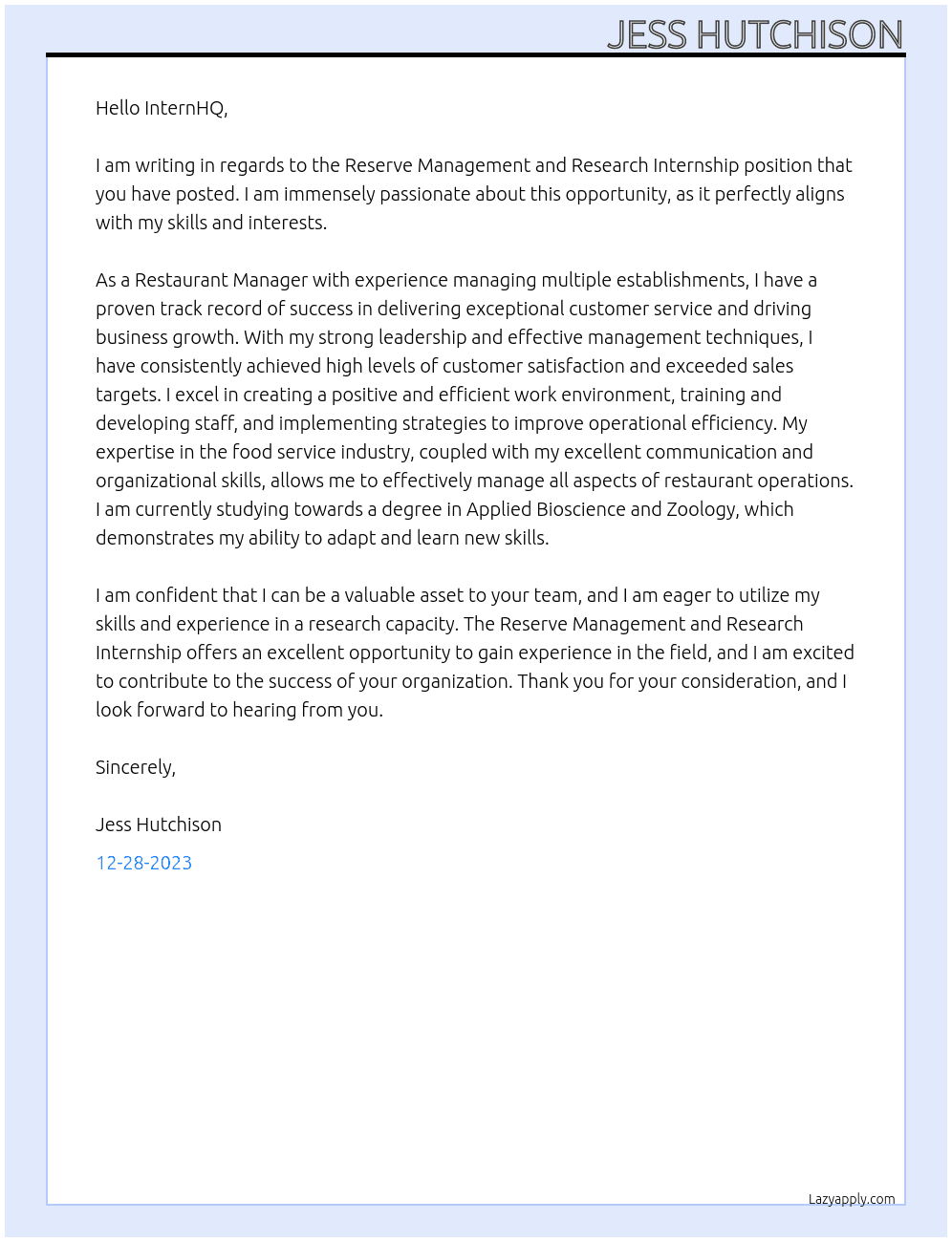 Reserve Management and Research At Reserve Management and Research Internship Cover Letter