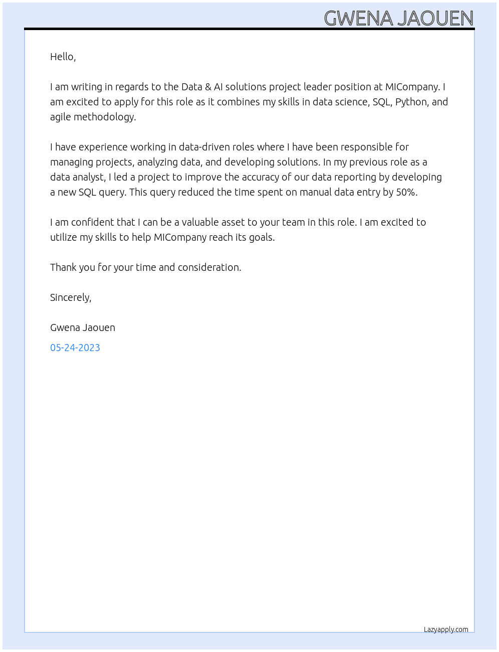 Data & AI solutions project leader At MICompany Cover Letter