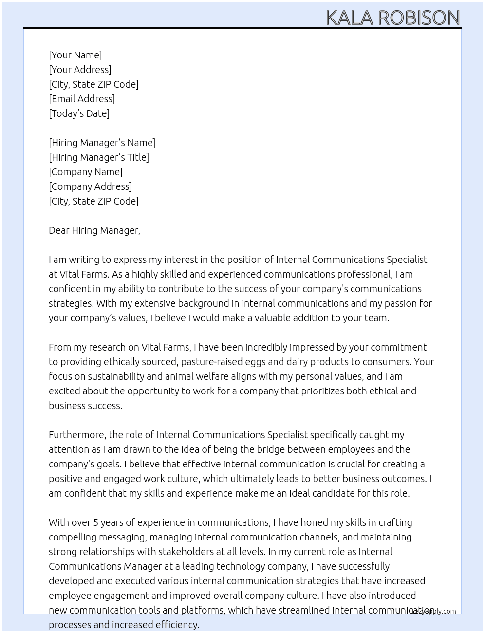 Internal Communications Specialist At Vital Farms Cover Letter