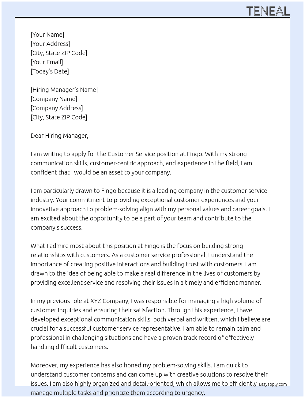 Customer Service At Fingo Cover Letter