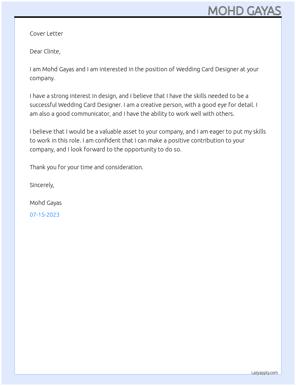 Wedding Card Designer At Clinte Cover Letter