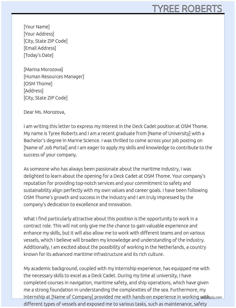 Deck Cadet At OSM Thome Cover Letter