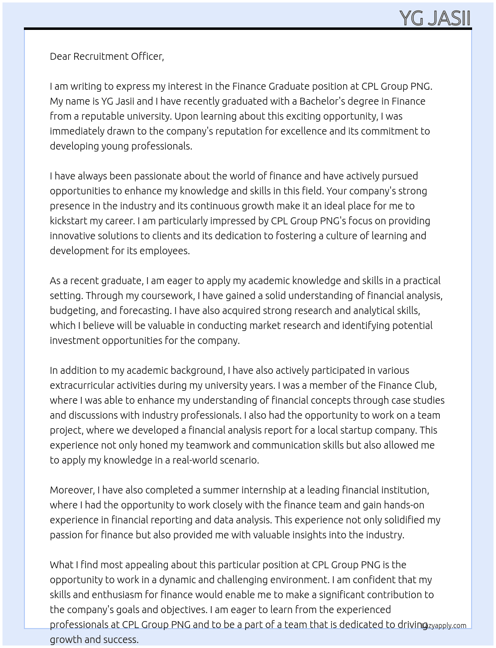 Finance Graduate At CPL Group PNG Cover Letter