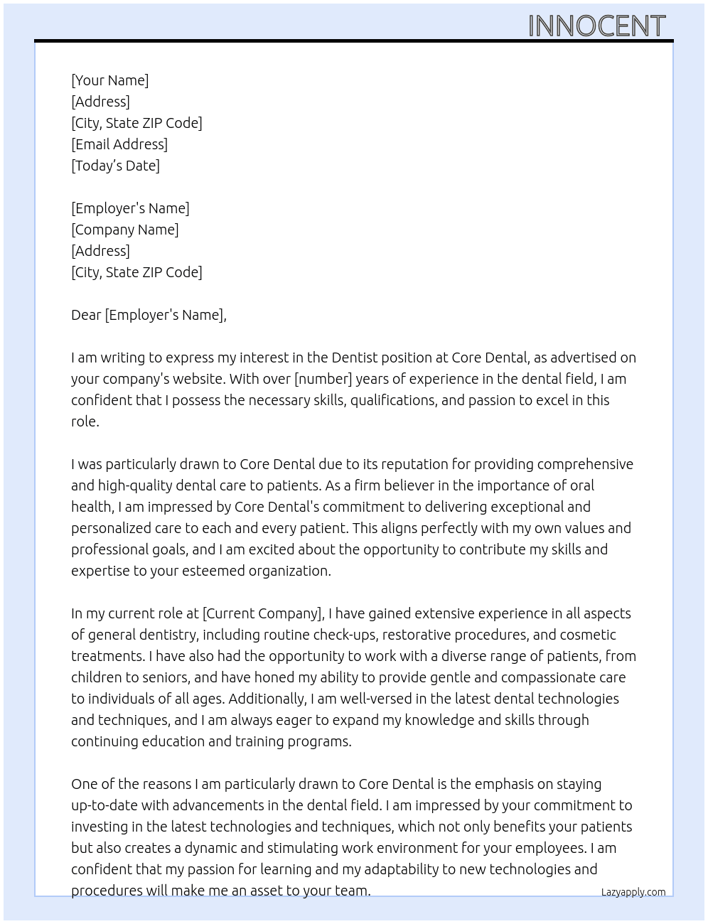 Dentist  At Core dental  Cover Letter