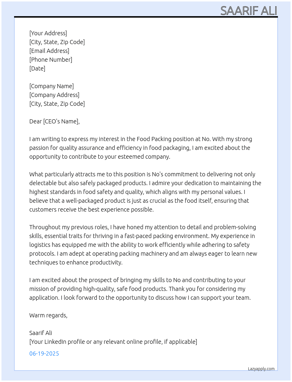 Food packing work  At No Cover Letter