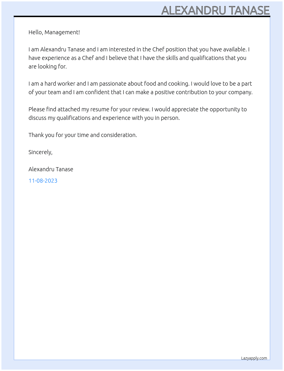 Chef  At Mr/Mrs Cover Letter