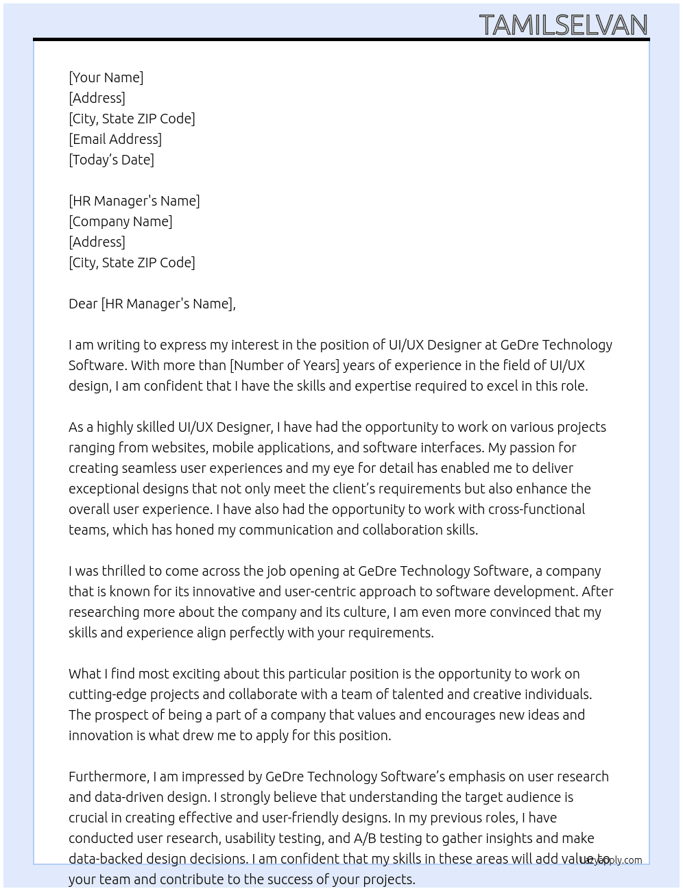UI/UX Designer At GeDre Technology Software Cover Letter