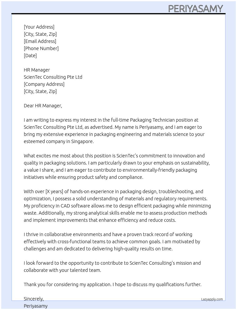 Cover letter for packaging technician - LazyApply