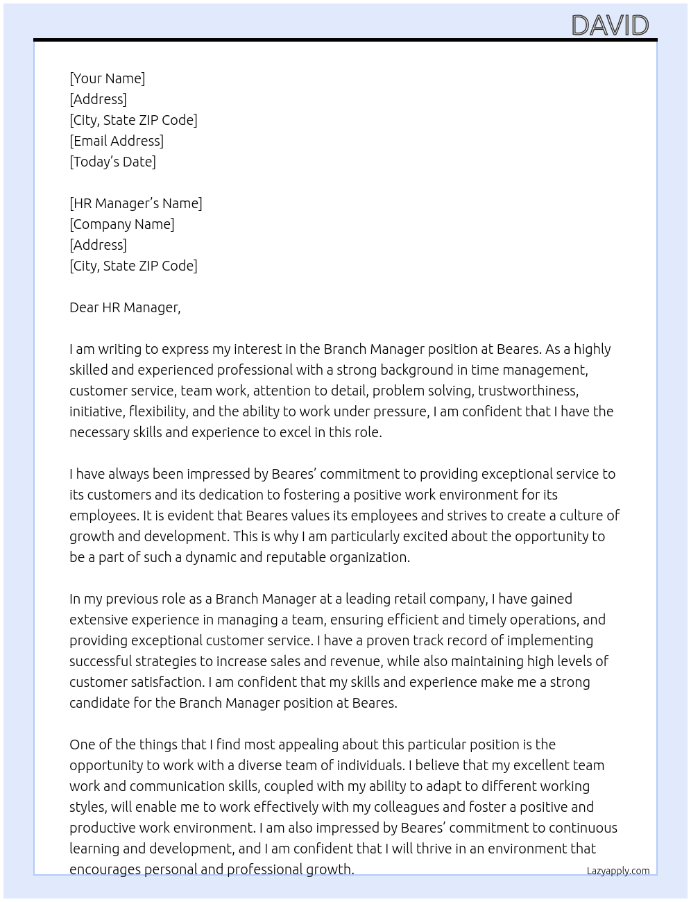 Branch Manager  At Beares Cover Letter