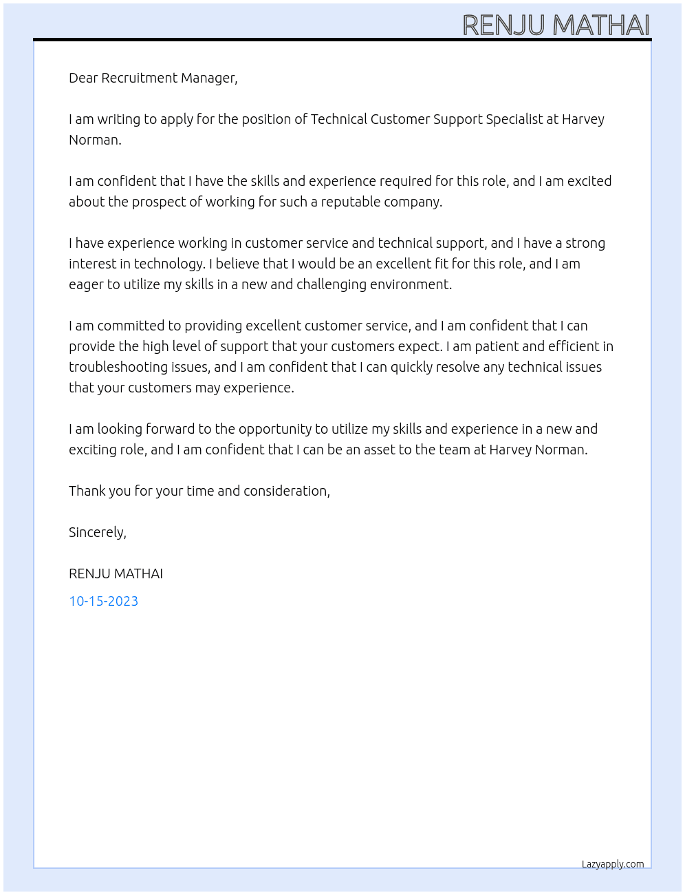 Technical Customer Support Specialist At Harvey Norman Cover Letter
