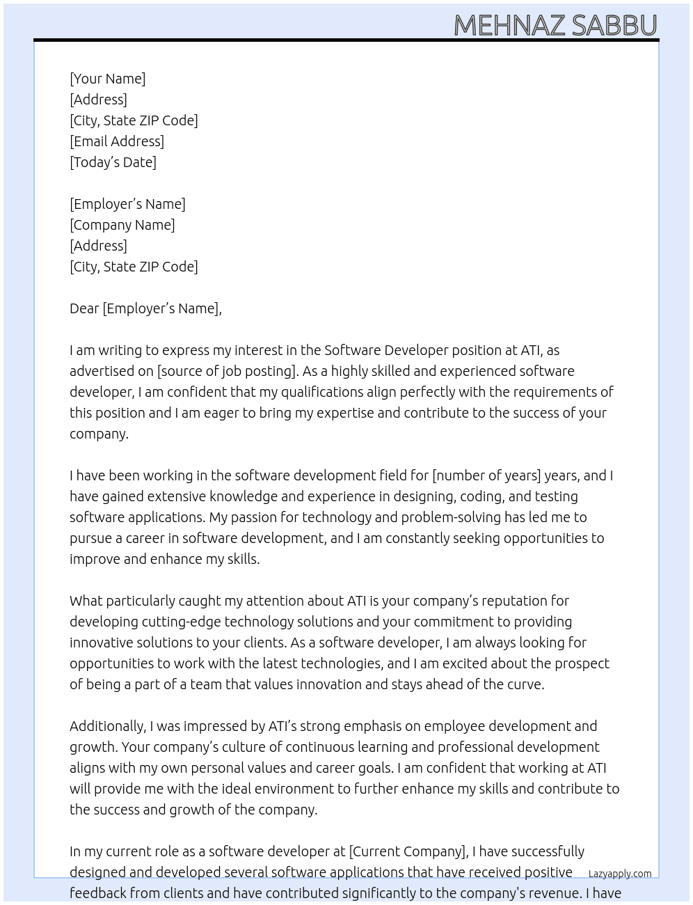 Software Developer  At ATI Cover Letter