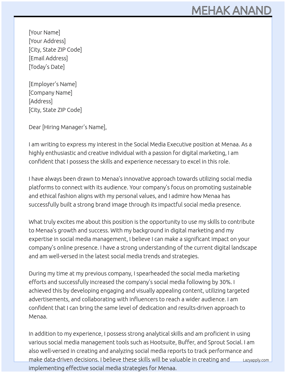 Social Media Executive At Menaa Cover Letter