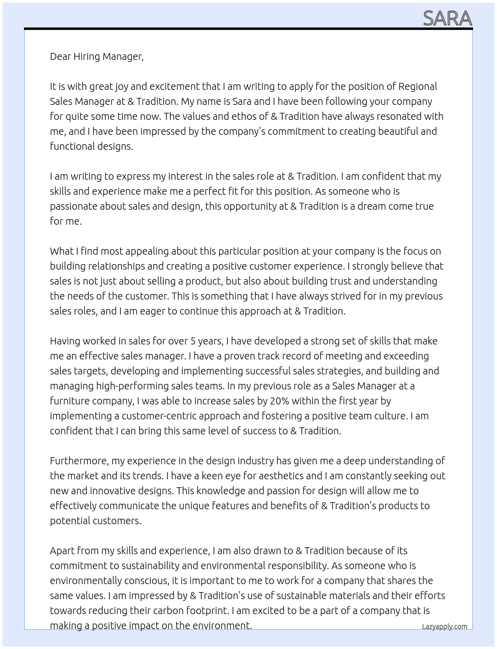 regional sales manager At & tradition Cover Letter