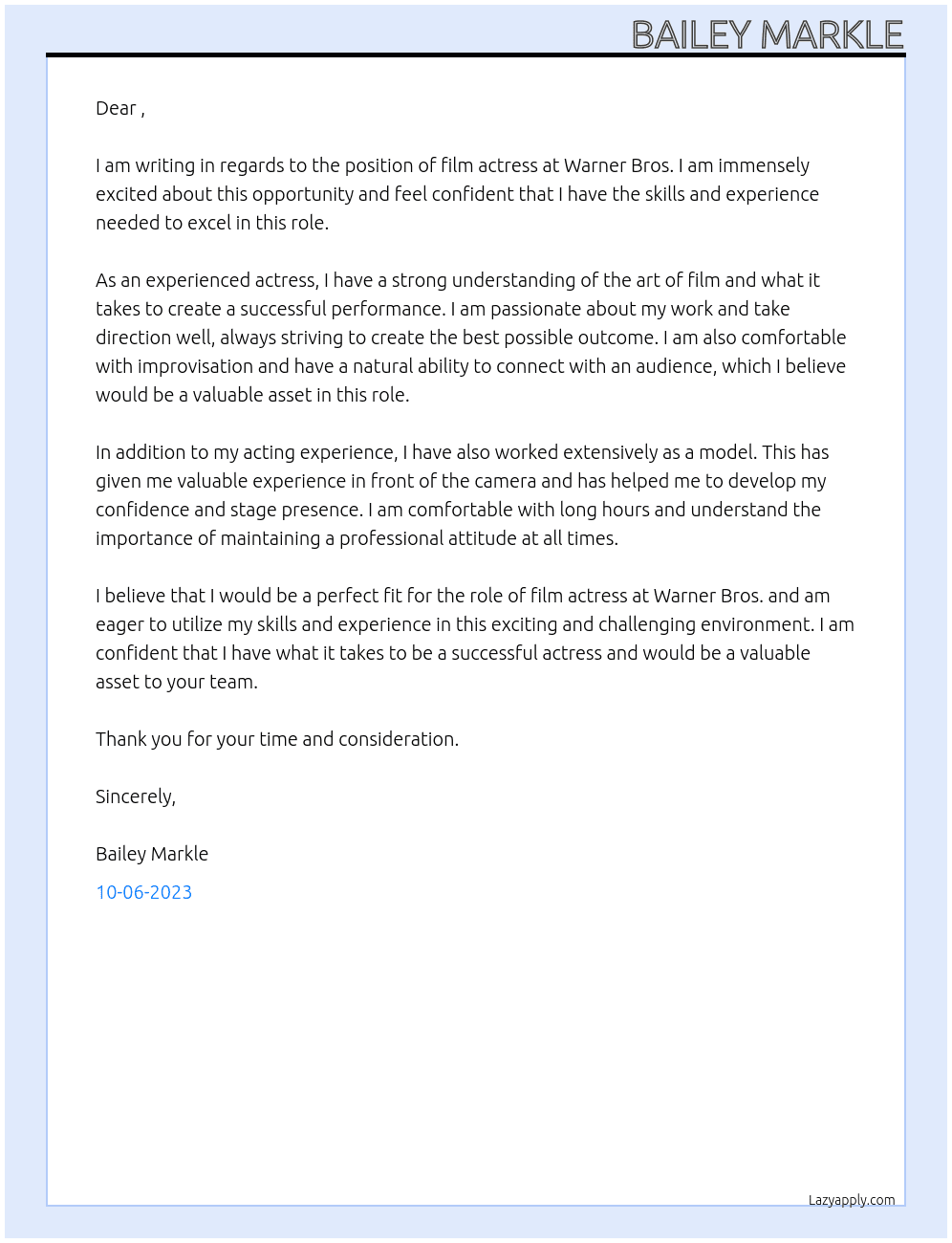 Film Actress At Warner Bro. Cover Letter