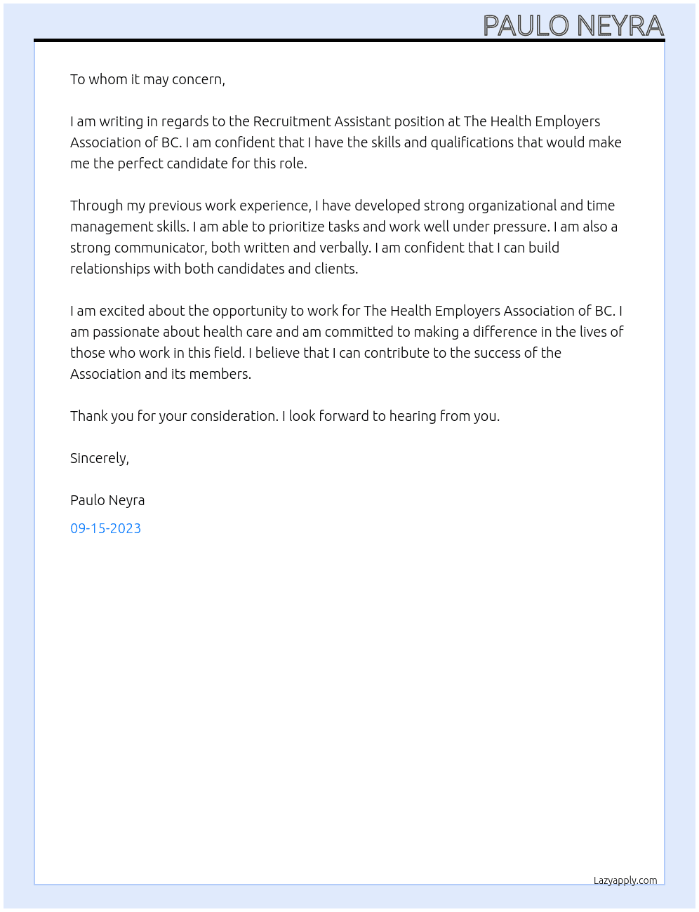 Recruitment Assistant At The Health Employers Association of BC Cover Letter