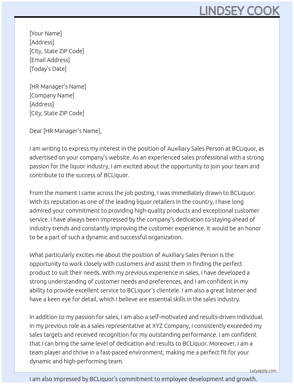 Auxiliary Sales Person At BCLiquor Cover Letter