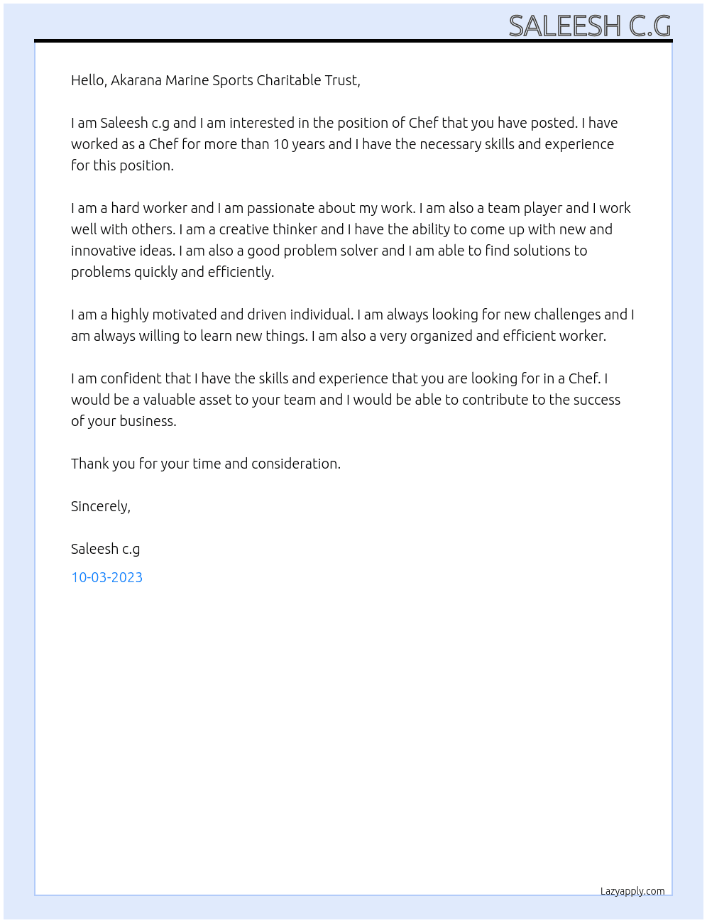 Chef At Akarana Marine Sports Charitable Trust Cover Letter