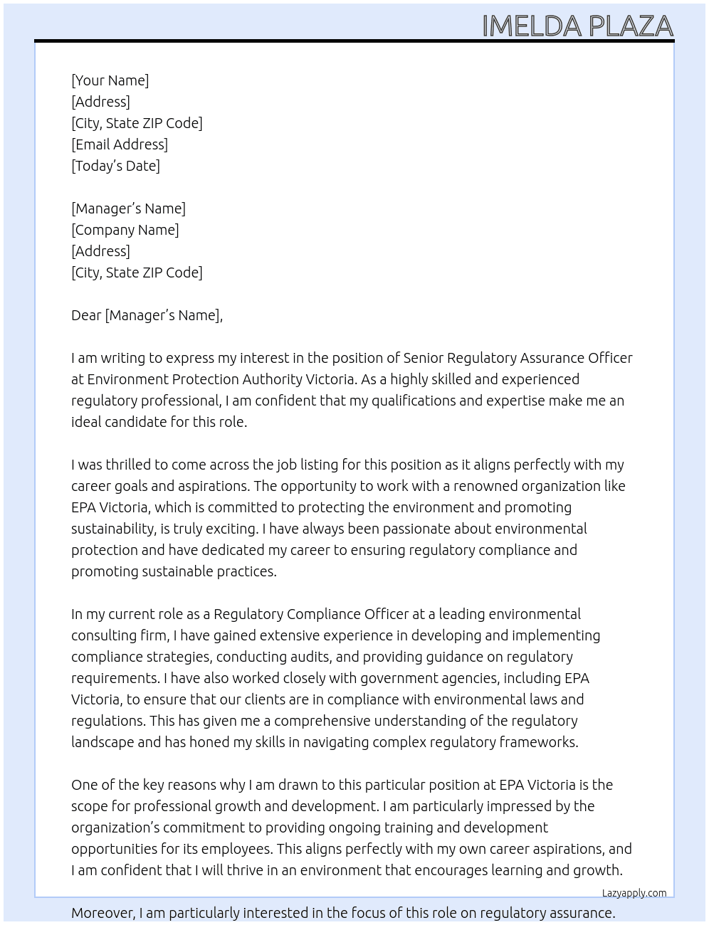 Senior Regulatory Assurance Officer At Environment Protection Authority Victoria Cover Letter