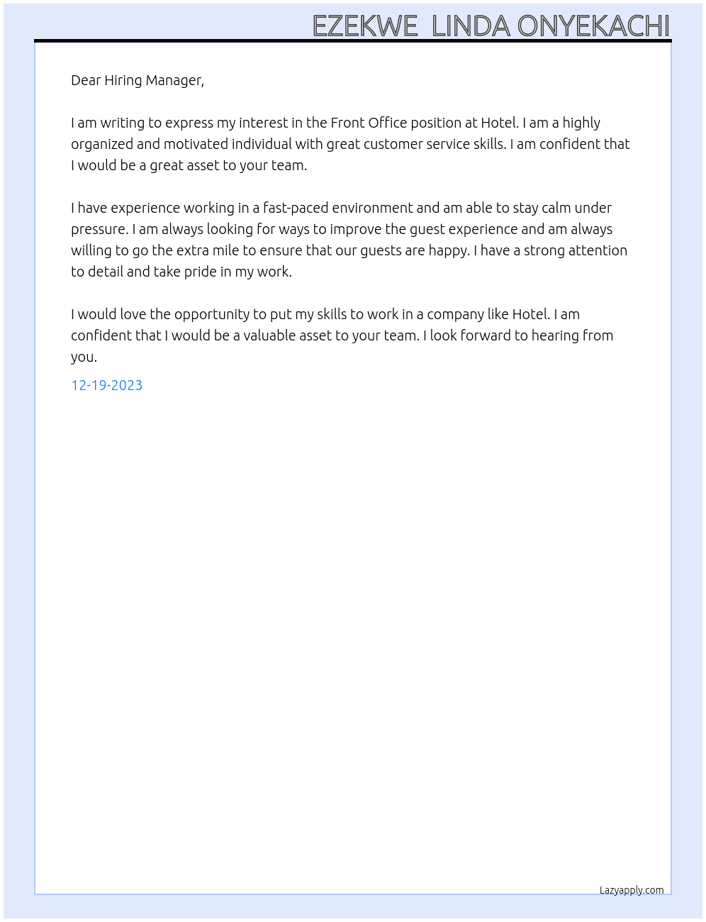 Front office  At Hotel Cover Letter