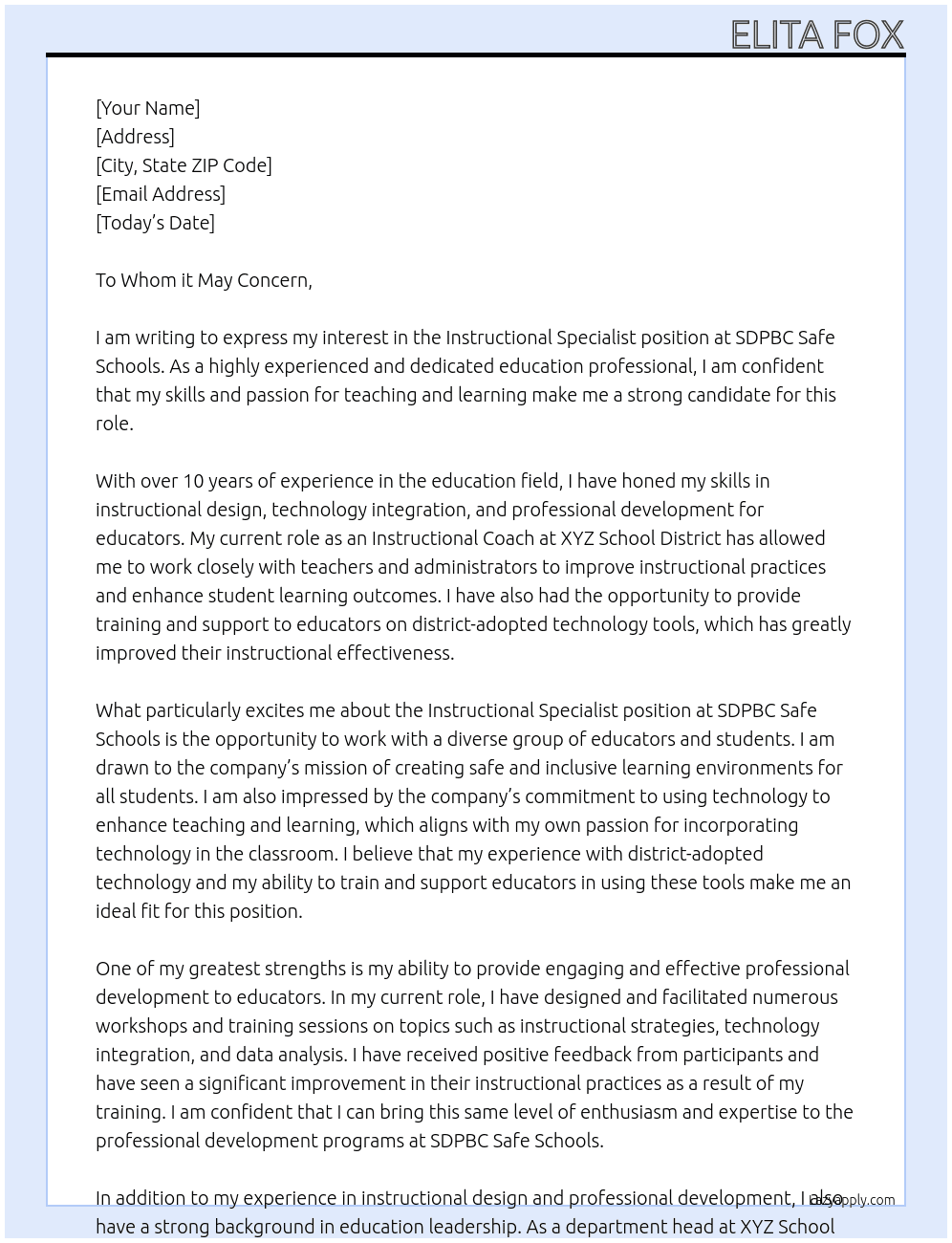 Instructional Specialist At SDPBC Safe Schools Cover Letter