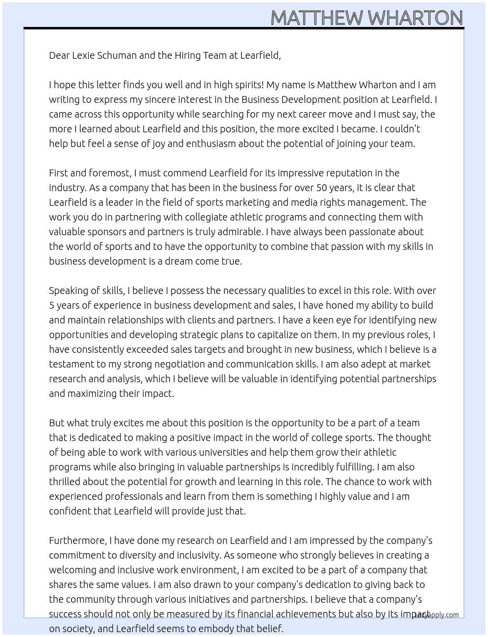 Business Development At Learfield  Cover Letter