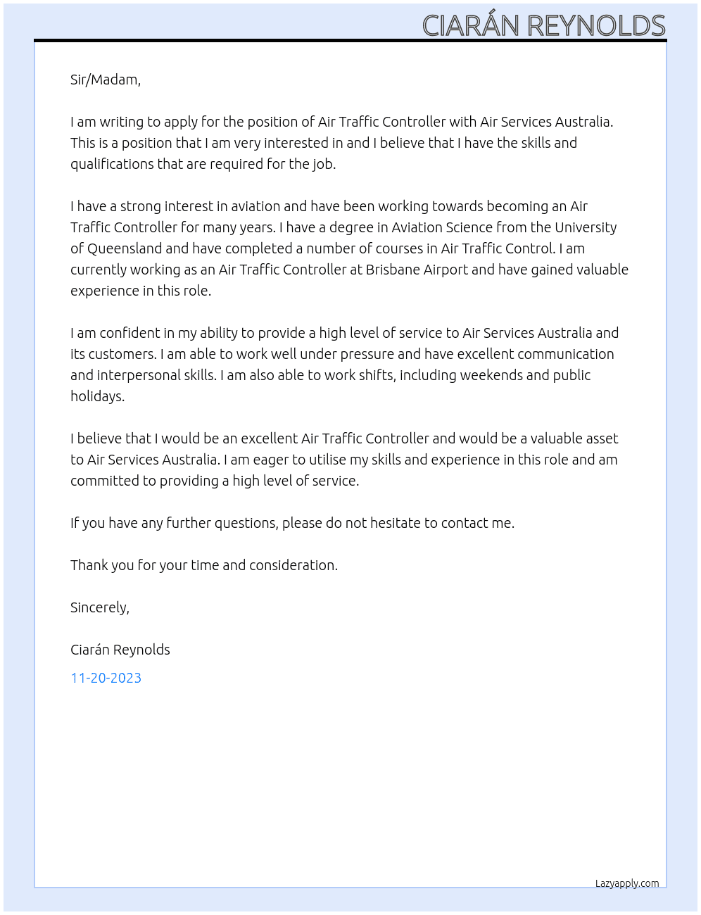 Air Traffic Controller  At Air services Australia  Cover Letter