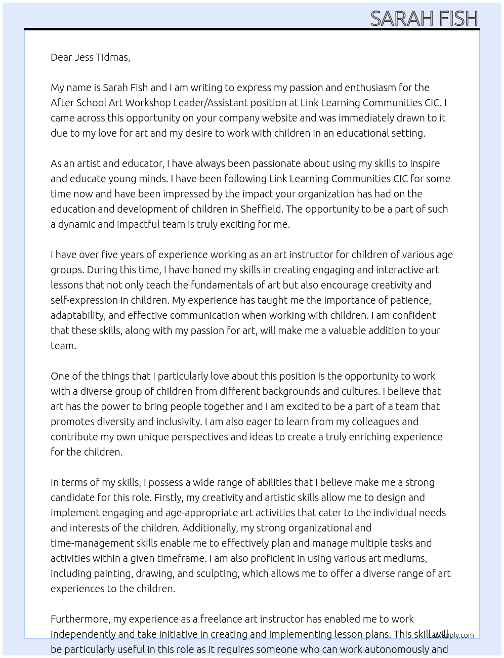 After School Art Workshop Leader/Assistant At Link Learning Communities CIC Cover Letter