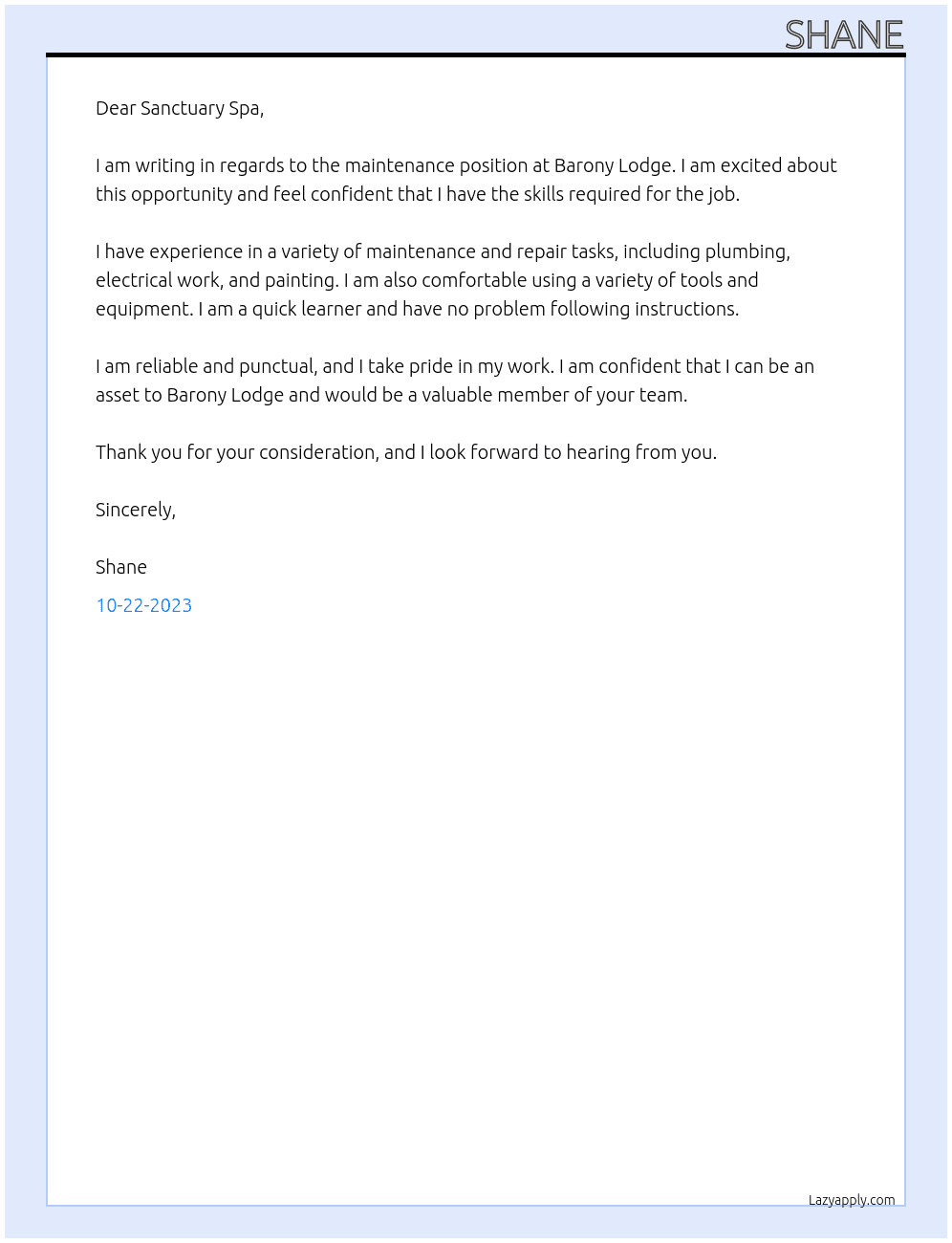 maintenance At Sanctuary Spa Cover Letter