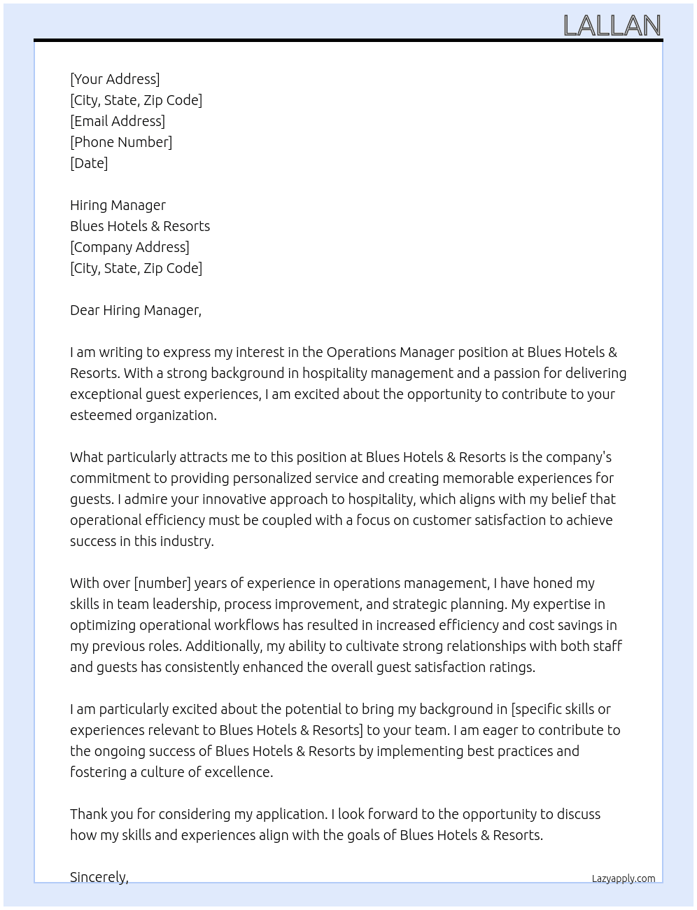 operation  Manager  At Blues hotels & Resorts Cover Letter