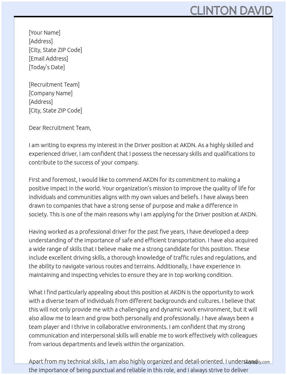 DRIVER At AKDN Cover Letter