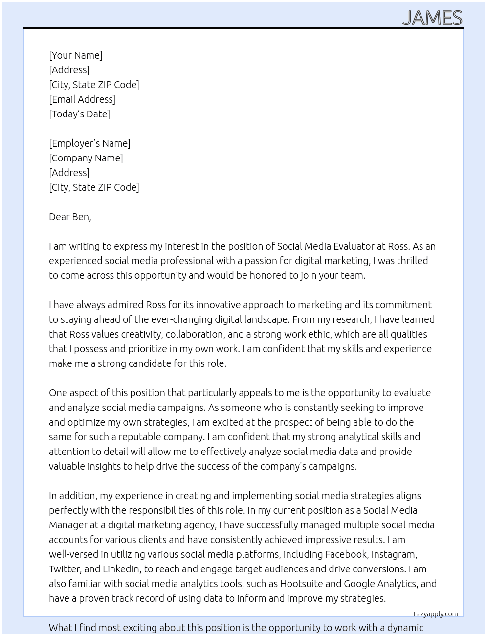 Social Media Evaluator At Ross Cover Letter