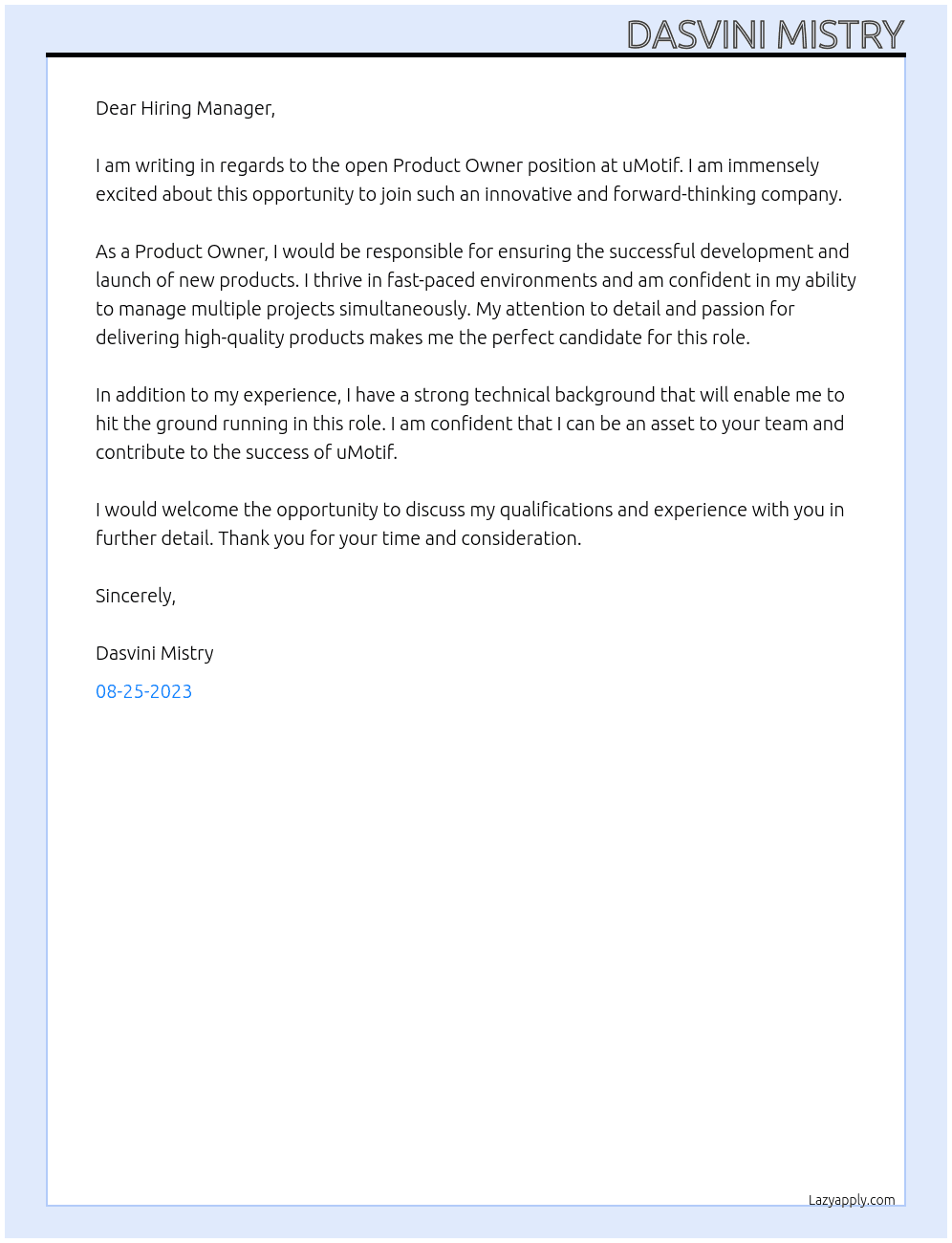 Product Owner At uMotif Cover Letter