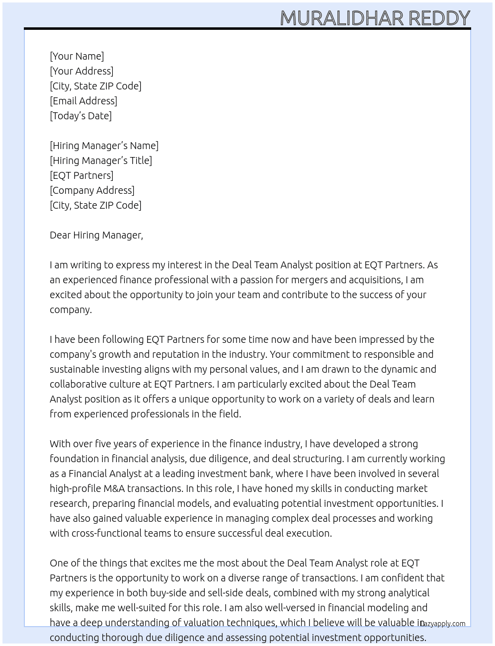 Deal Team Analyst At EQT Partners  Cover Letter
