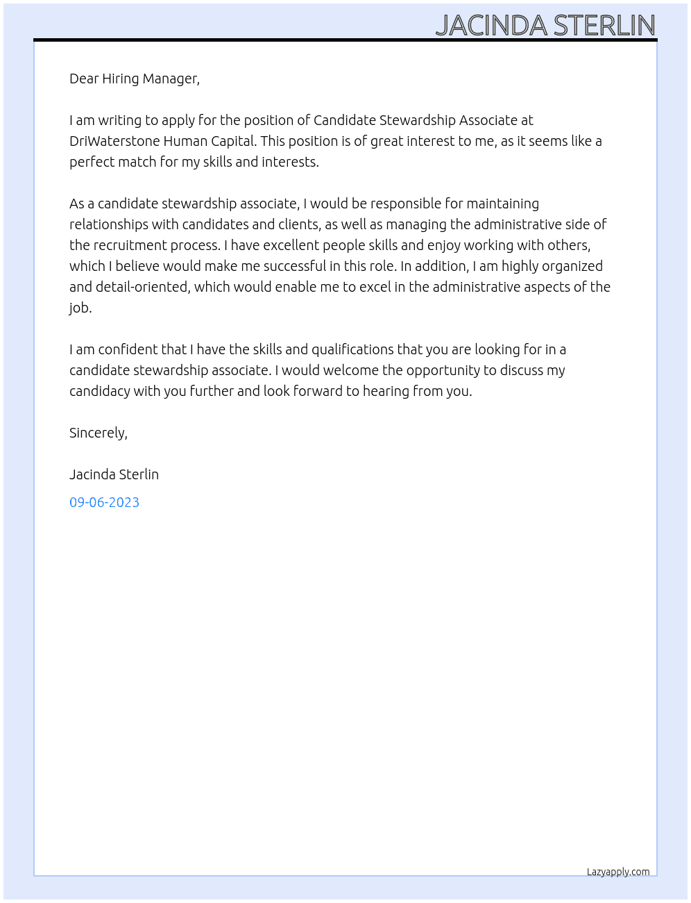 Candidate Stewardship Associate At DriWaterstone Human Capital Cover Letter
