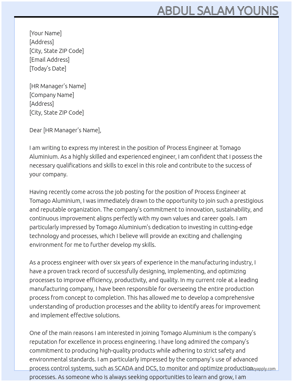 Process engineer At Tomago Aluminium  Cover Letter