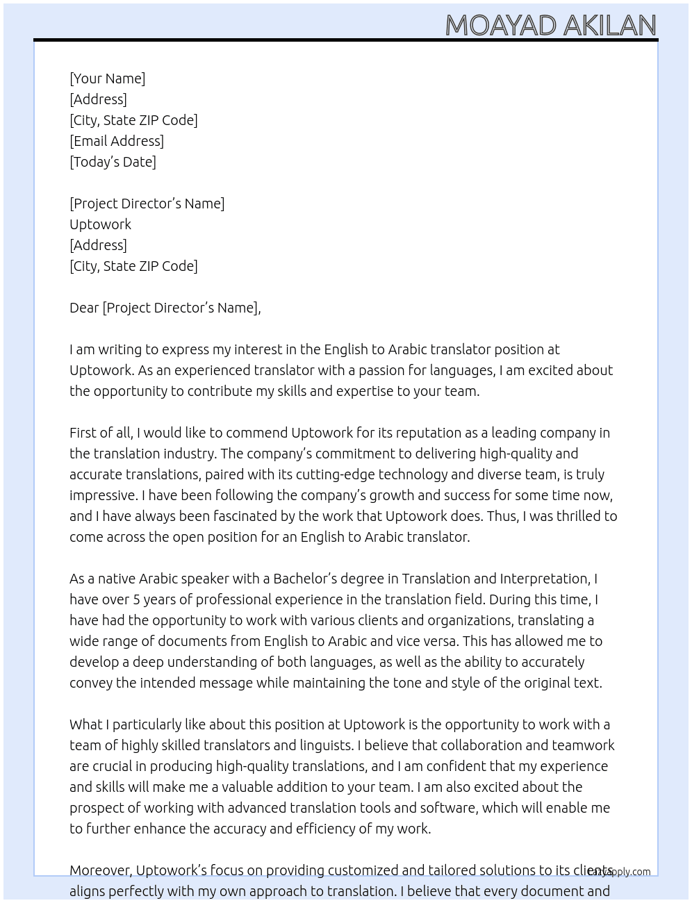 English to Arabic translator At Uptowork Cover Letter
