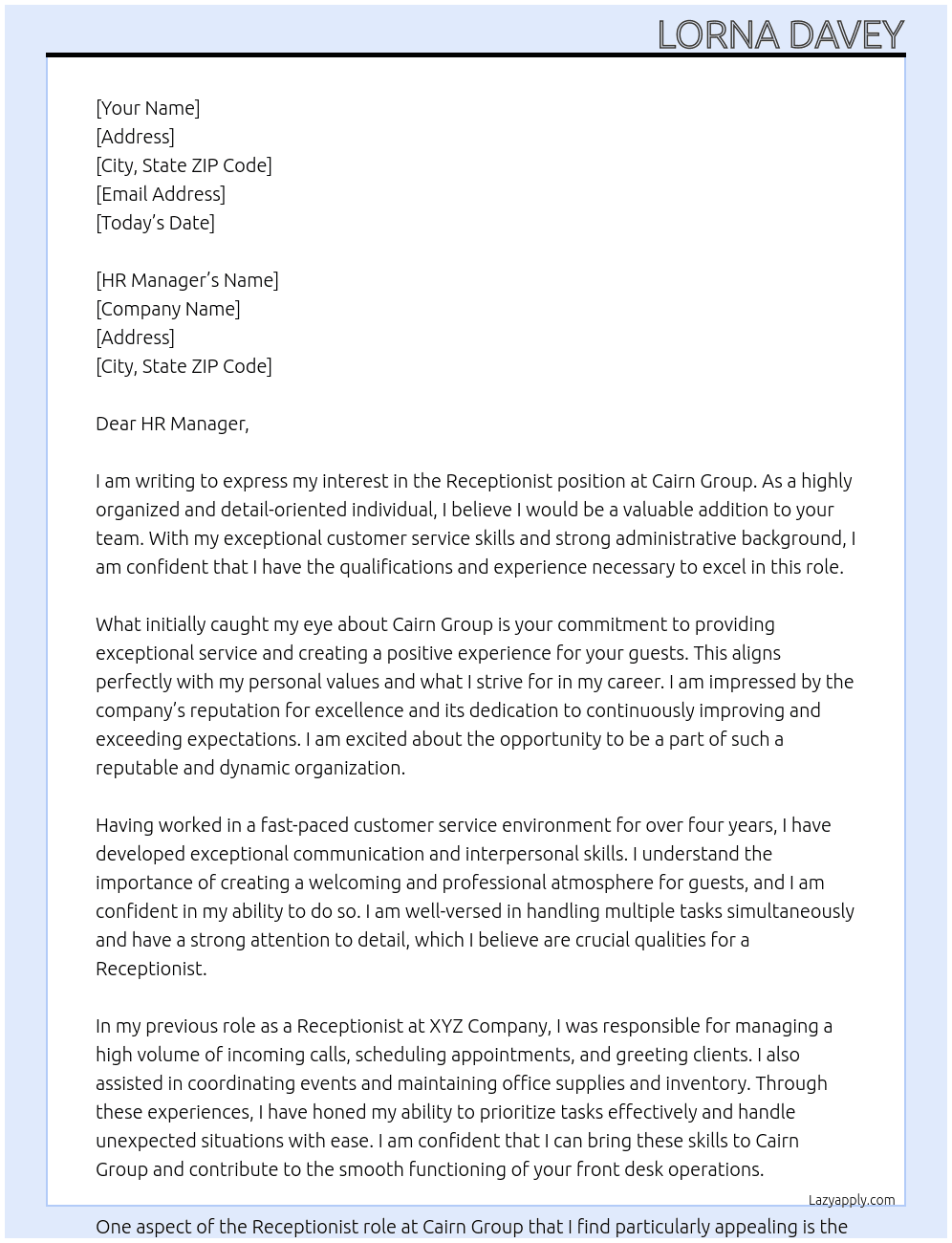 Receptionist  At Cairn Group Cover Letter