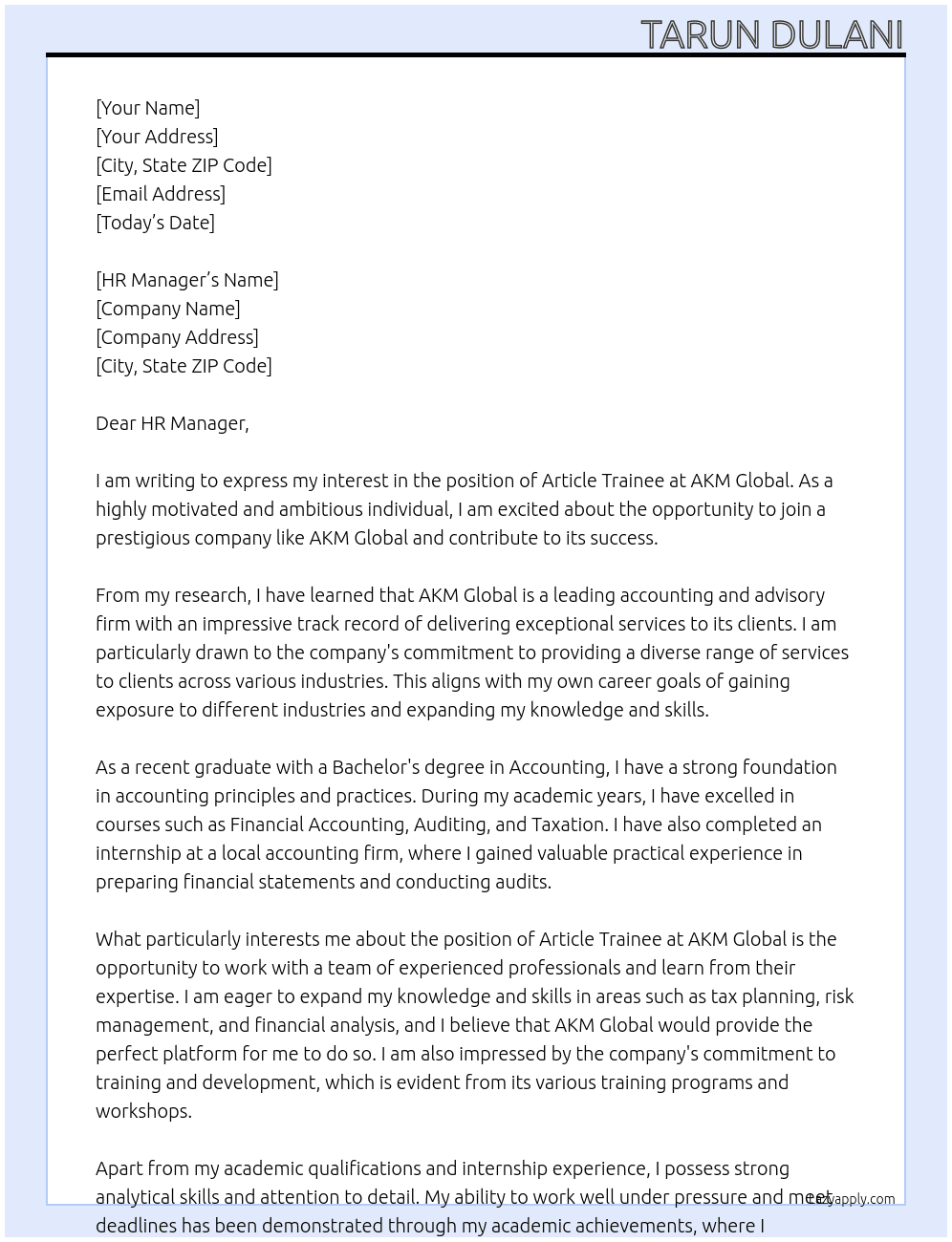 Article trainee At AKM Global Cover Letter