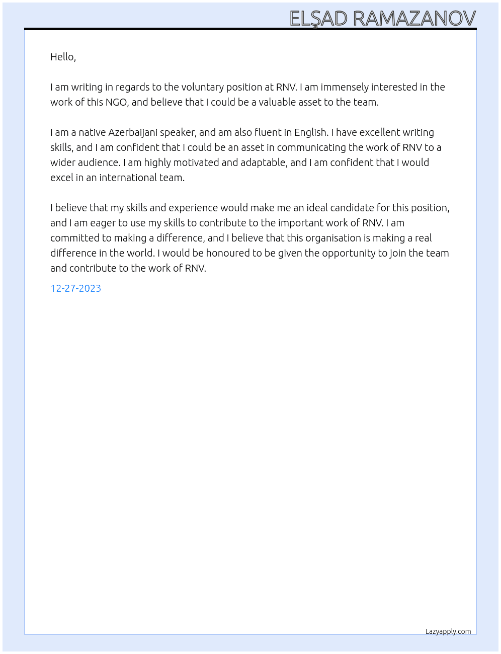 voluntary  At RNV Cover Letter
