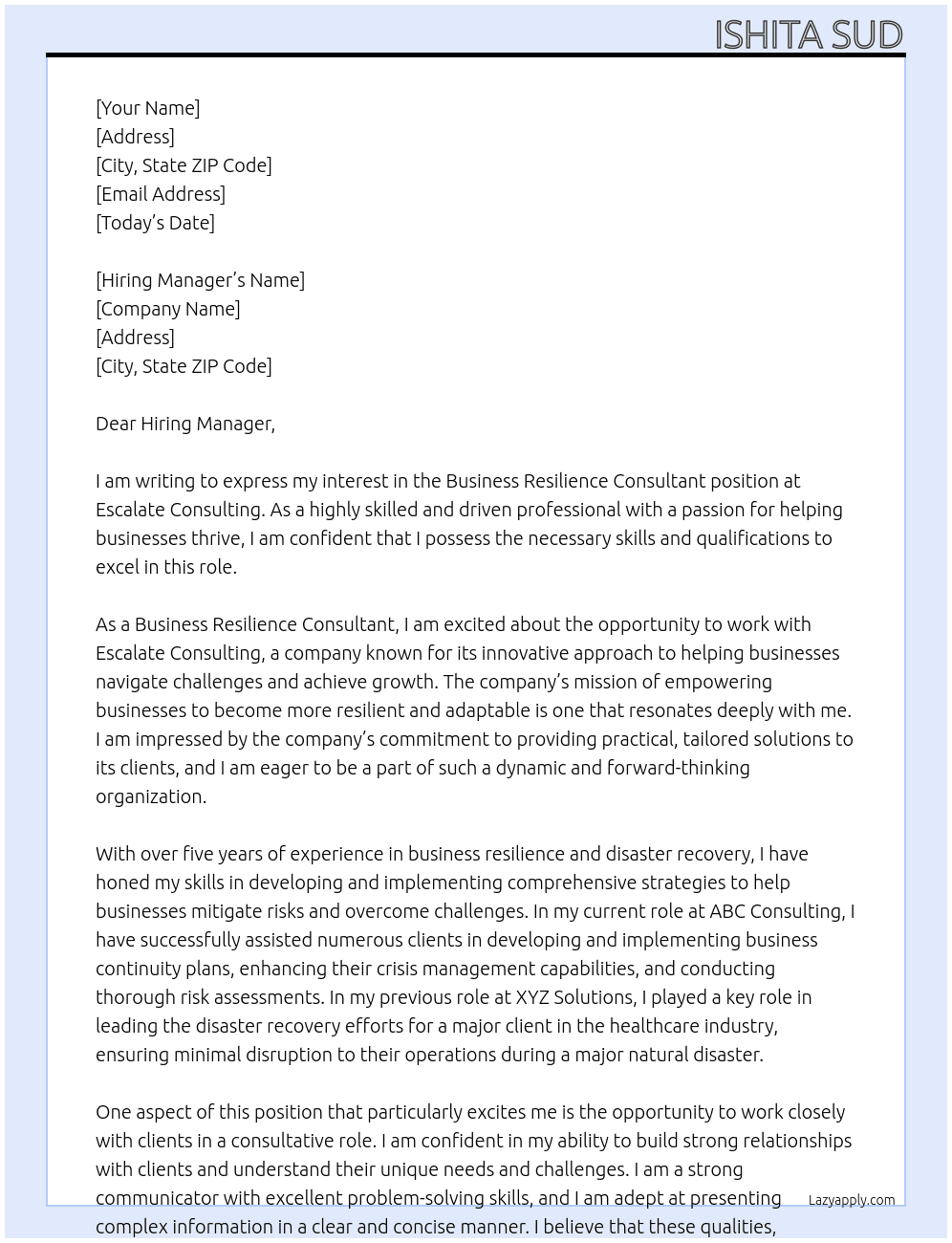 Business Resilience Consultant At Escalate Consulting Cover Letter