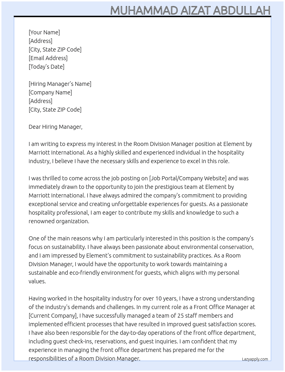 Room Division Manager At Element By Marriot International Cover Letter