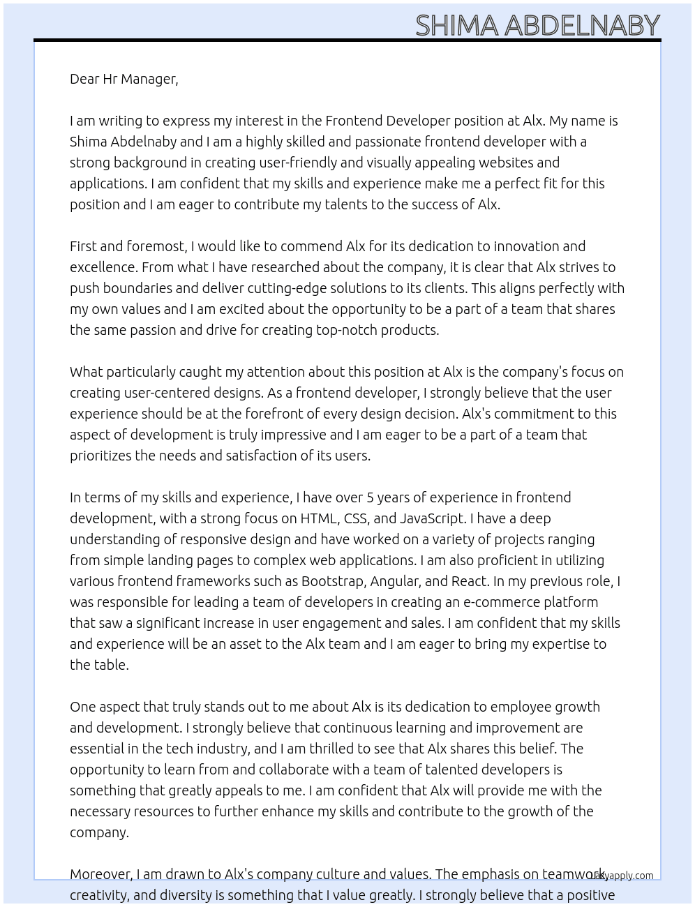 Frontend Developer At Alx Cover Letter