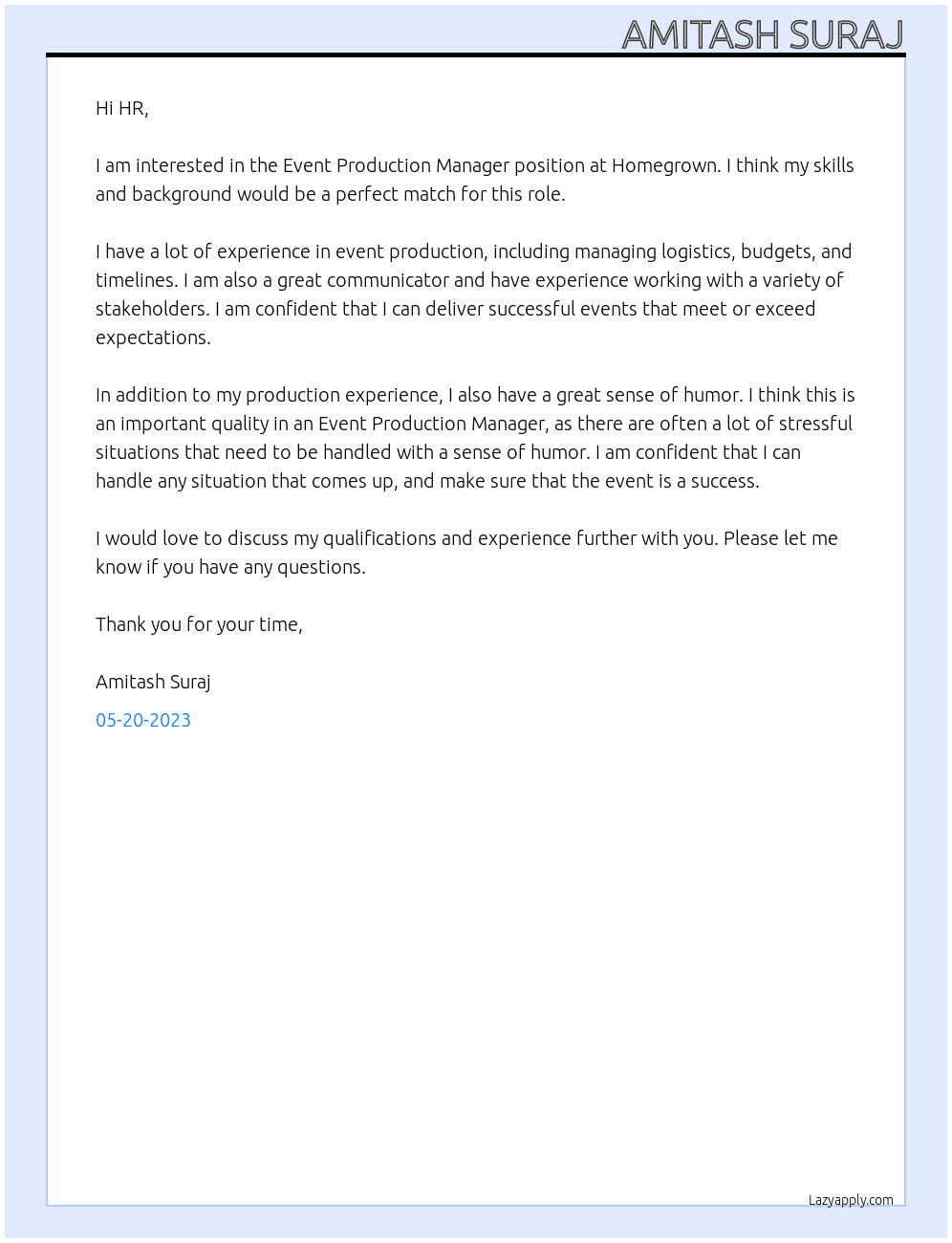 Event Production Manager At Homegrown Cover Letter