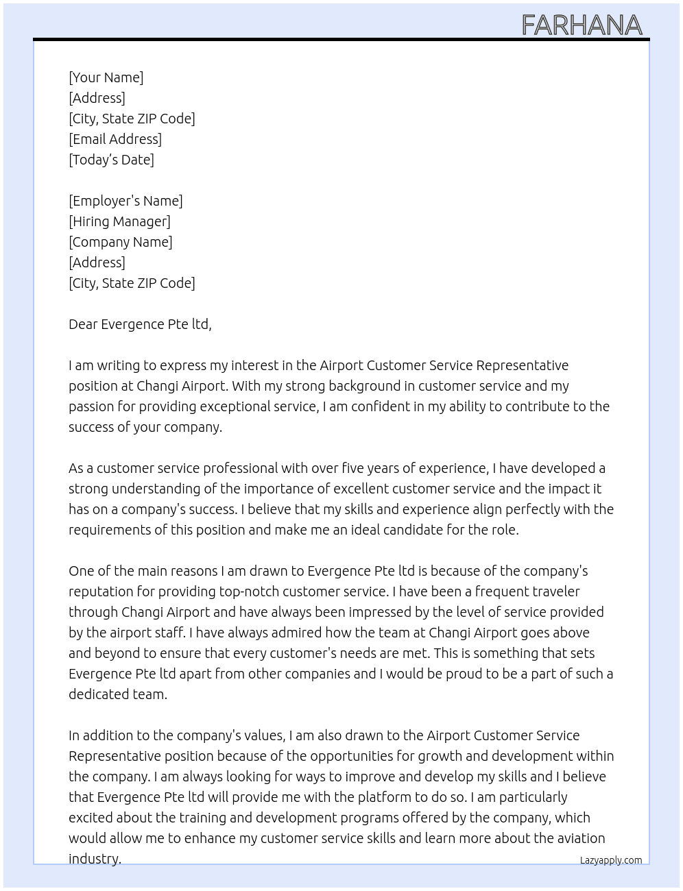 Airport customer service representative  At Changi Airport  Cover Letter
