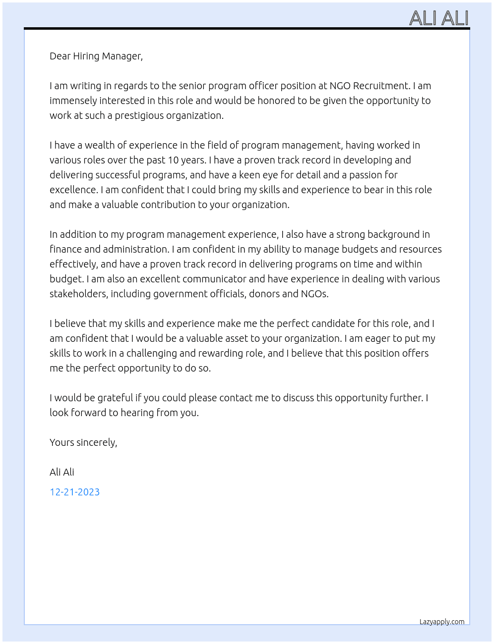 senior program officer  At NGO Recruitment Cover Letter